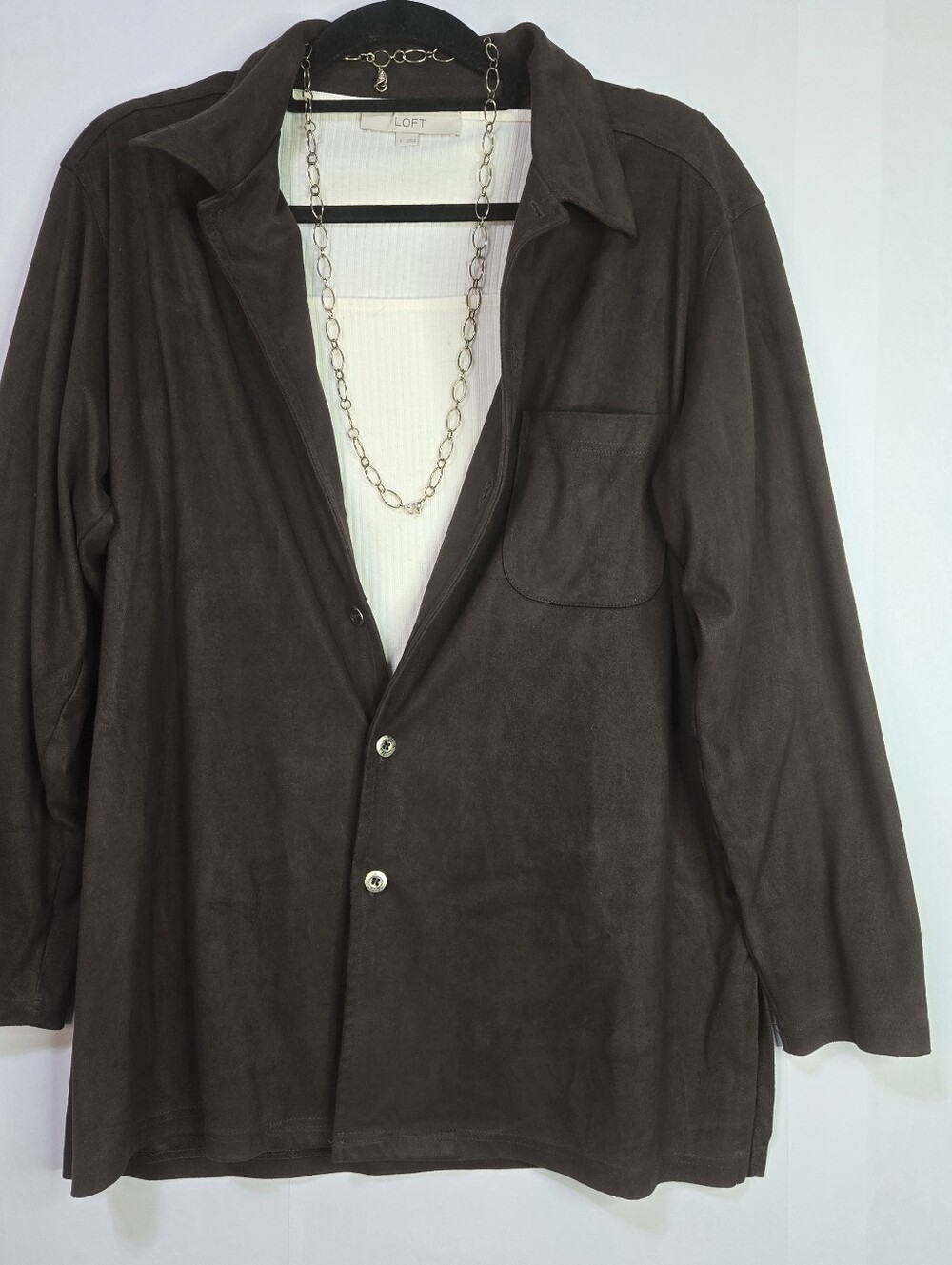 CHICO'S Design Size 3 Chocolate brown button front, Suede Look shirt/shacket